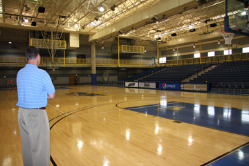 The calm before the storm, Matt Brown surveys Swinney Gymnasium.