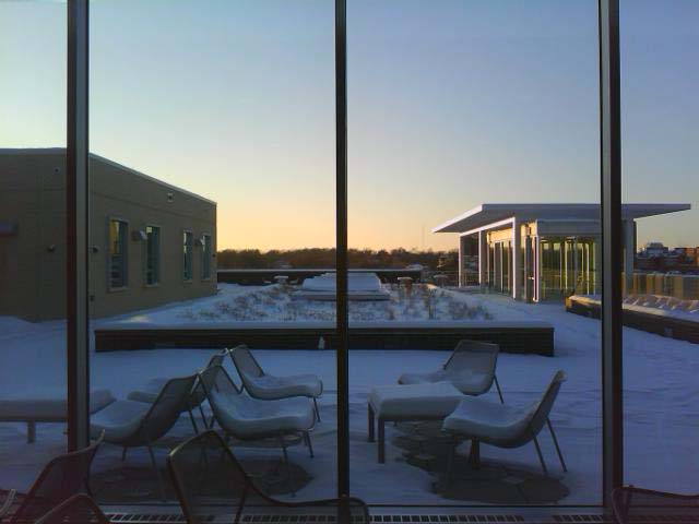 The rooftop terrace of the Student Union covered in snow