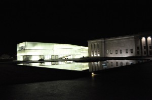 The Nelson-Atkins and Bloch buildings’ reflection in the Reflection Pool behind the museum.