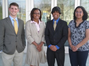 The Student Voice Party candidates. Left to right: Danny Riffel (Administrative VP), Chelsia Potts (Executive VP), Jay Devineni (President), Komal Dasani (Comptroller)