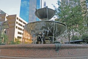 The Transit Plaza Fountain at 11th and Main streets downtown.