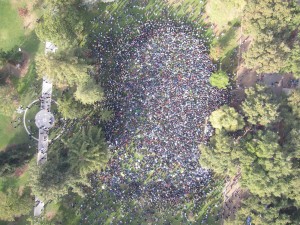 An aerial view of protesters gathered in Zuccotti Park in New York City. The protesters have occupied the park, setting up tents in protest of what they see as a government agenda that favors the wealthy.