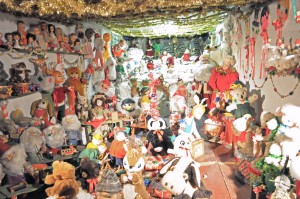 Inside the garage of the 7611 Falmouth house. The display centers around a Santa’s Workshop theme. 