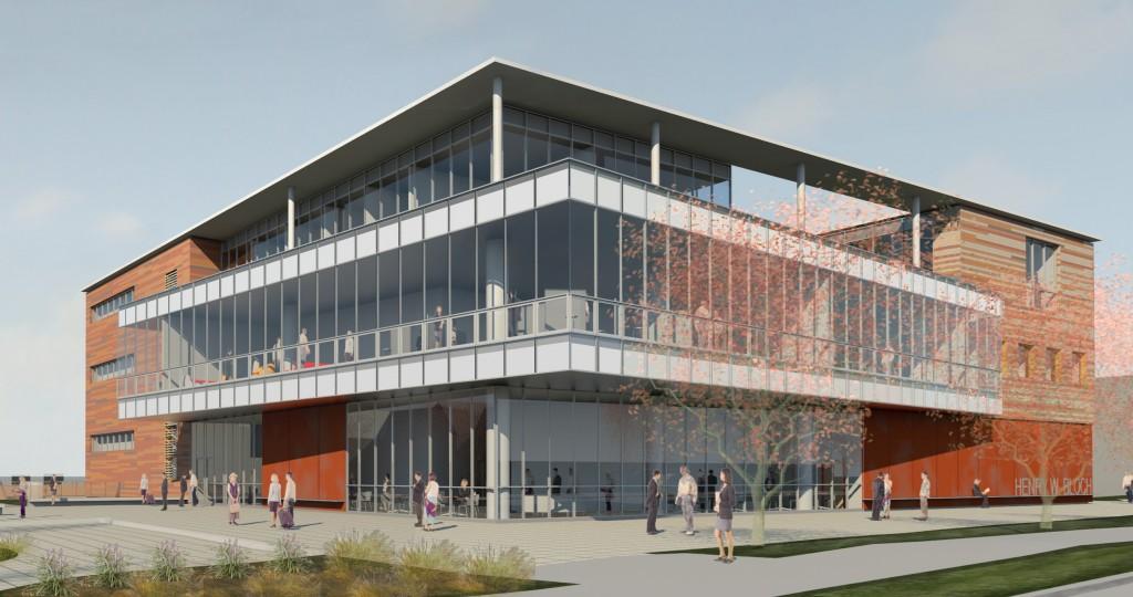 A southeast view rendering* of the Henry W. Bloch Executive Hall. The bold contemporary architecture is symbolic of the school’s forward-thinking vision.