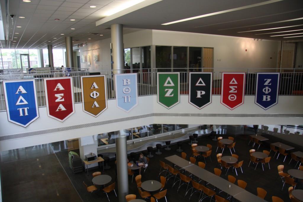 Banners for UMKC fraternities and sororities overlook the Student Union commons, in hopes of boosting the groups’ campus presence. Currently, less than five percent of UMKC students are members of fraternities and sororities.