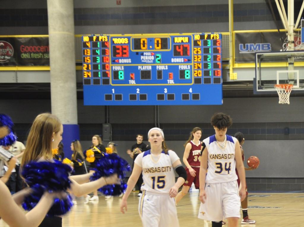 Eilise O’Connor (No. 15) and Hailey Houser (No. 34) put up a tough fight despite Saturday’s 47-33 loss to Indianapolis at Swinney Recreation Center. Photo by Sai Srikar Kadiyam