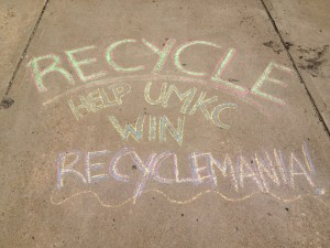 A chalk drawing increases awareness for RecycleMania on Campus Photo Courtesy: UMKC Sustainability Team