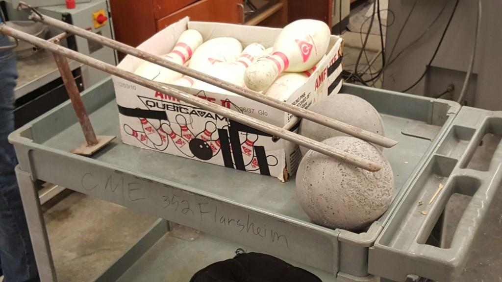 Ramp, Pins, and two of the UMKC team's concrete bowling balls.