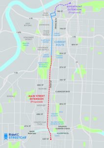 The streetcar’s current route (highlighted in blue) extends from the River Market to Union Station. Plans are in the works to expand the streetcar south towards UMKC (highlighted in red) and north further into the River Market (highlighted in purple). (Source kcstreetcar.org)