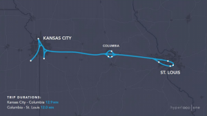 The proposed route between Kansas City and St. Louis is estimated to take 31-minutes. (Source: Hyperloop One)