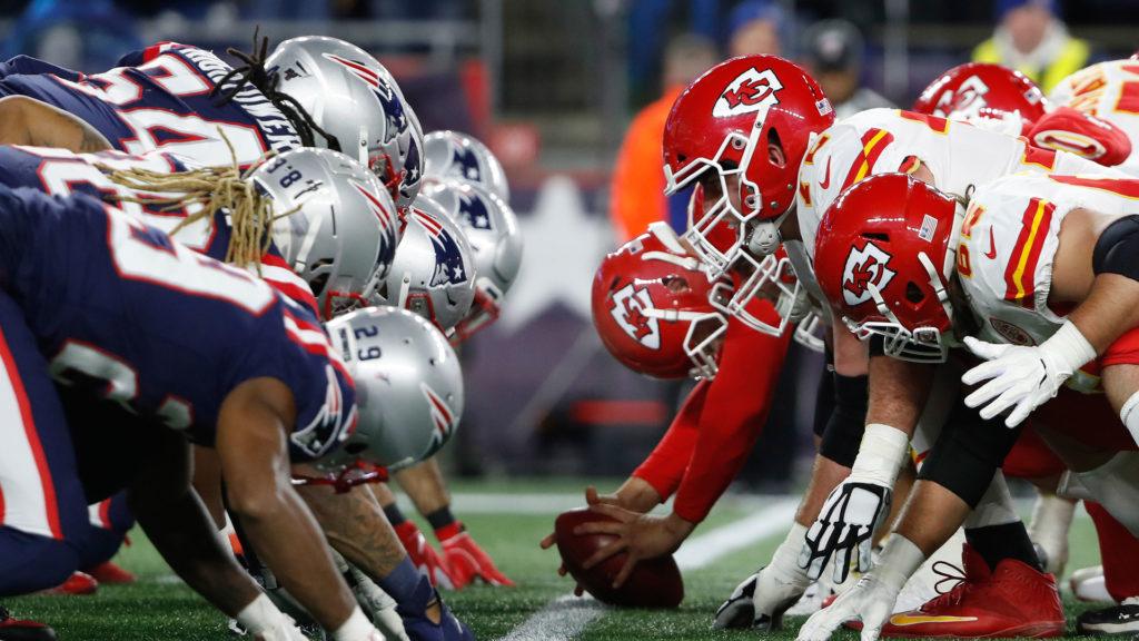 Dec 8, 2019; Foxborough, MA, USA; The Kansas City Chiefs and the New England Patriots line up for the snap at the line of scrimmage during the first quarter at Gillette Stadium. Mandatory Credit: Winslow Townson-USA TODAY Sports