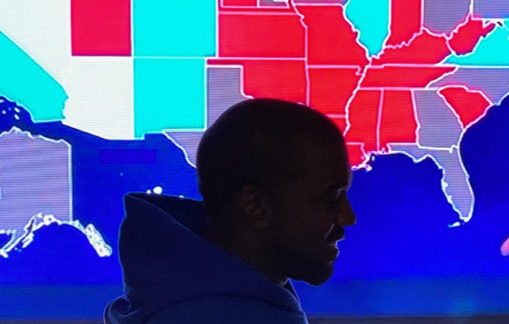 Rapper+Kanye+West+standing+in+front+of+a+map+of+the+United+States+because+he+is+hinting+that+he+will+be+running+for+office+again+in+2024