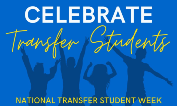 Flyer celebrating transfer students, with young people jumping and the caption National Transfer Student Week along the bottom