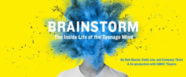 Shoulders of a person with a white t-shit on. An explosion of blue dust in place where their head should be. All yellow background and over the blue dust are the words Brainstorm: The Inside Life of a Teenage Mind in bold white lettering.