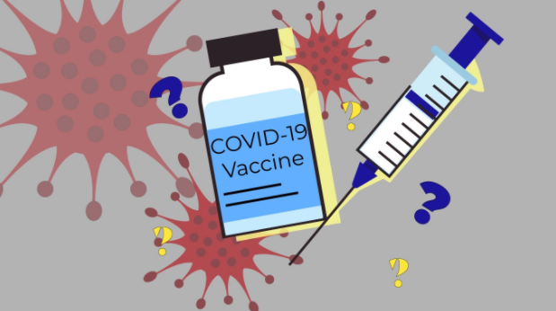 Small red bacteria bubbles to represent COVID-19 on a molecular level and a vile that says COVID-19 vaccine across the front and a half full needle