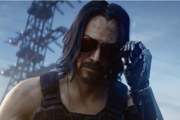 Realistic+video+game+with+Actor+Keanu+Reeves%2C+wearing+sunglasses+and+a+black+tank+top%2C+with+a+robotic+hand+and+arm+raised+towards+his+face.