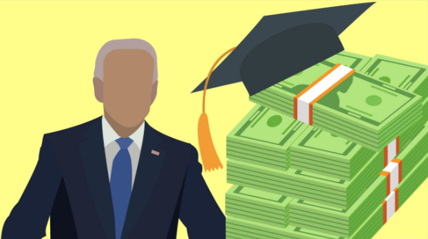 Cartoon+silhouette+of+President+Joe+Biden+and+a+stack+of+clip+art+money+with+a+graduation+cap+on+top