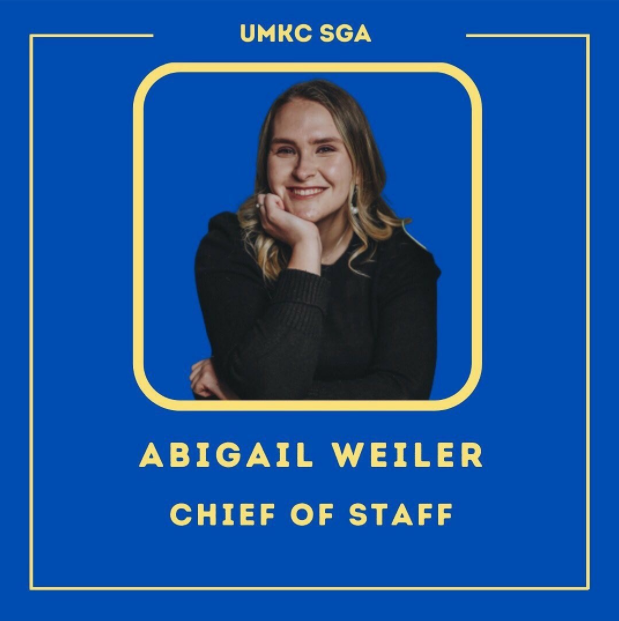 Freshmen, Abigail Weiler smiling with her arms crossed and the words UMKC SGA above her and Abigail Weiler, Chief of Staff below her