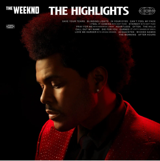 Famous pop singer The Weeknd with the words The Highlights written above his head. Hes wearing a read blazer, his face is turned to the left and half of his face is covered by a dark shadow