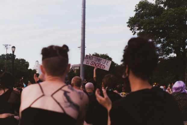 The+backs+of+numerous+young+people+and+a+sign+in+the+middle+of+the+crowd+of+people+stating+Black+Trans+Life+is+Sacred