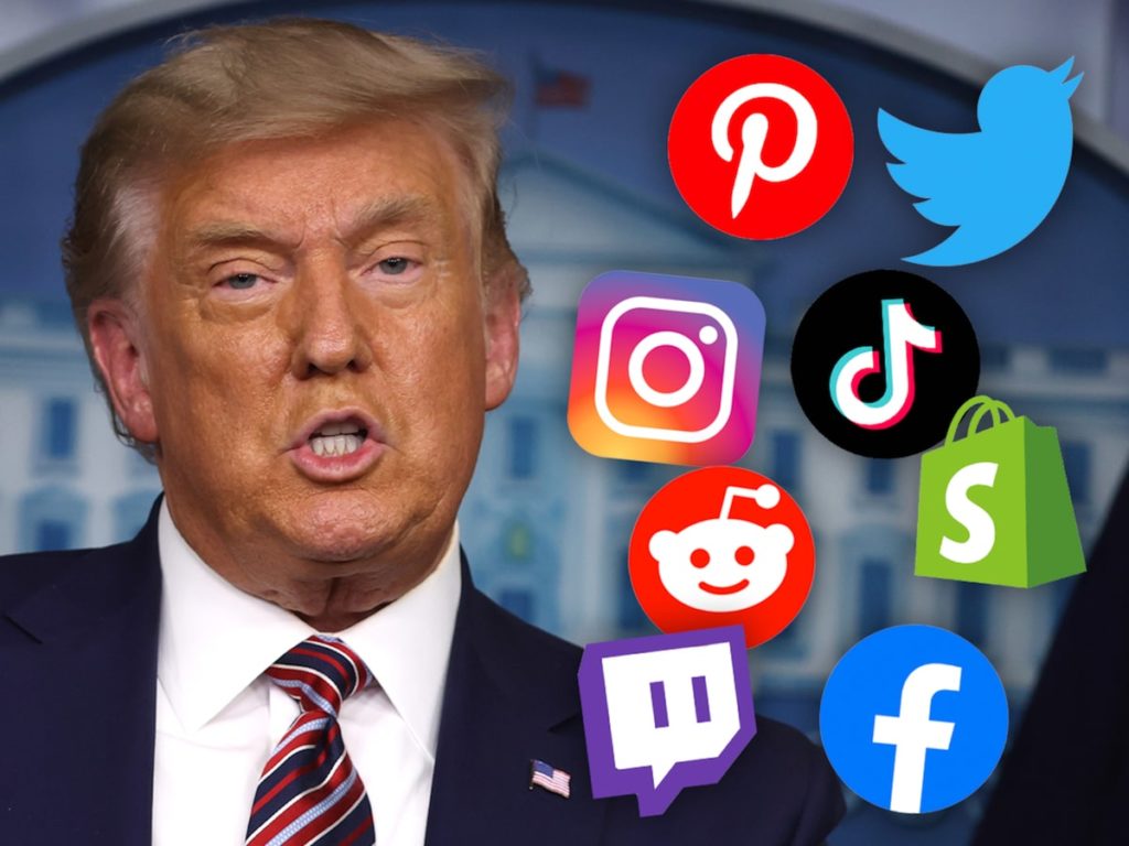 Former+President+Donald+Trump+with+logos+of+various+social+media+platforms+such+as+Facebook%2C+Instagram%2C+Twitter%2C+Reddit%2C+Twitch%2C+Pinterest%2C+Tik+Tok%2C+and+Shopify.