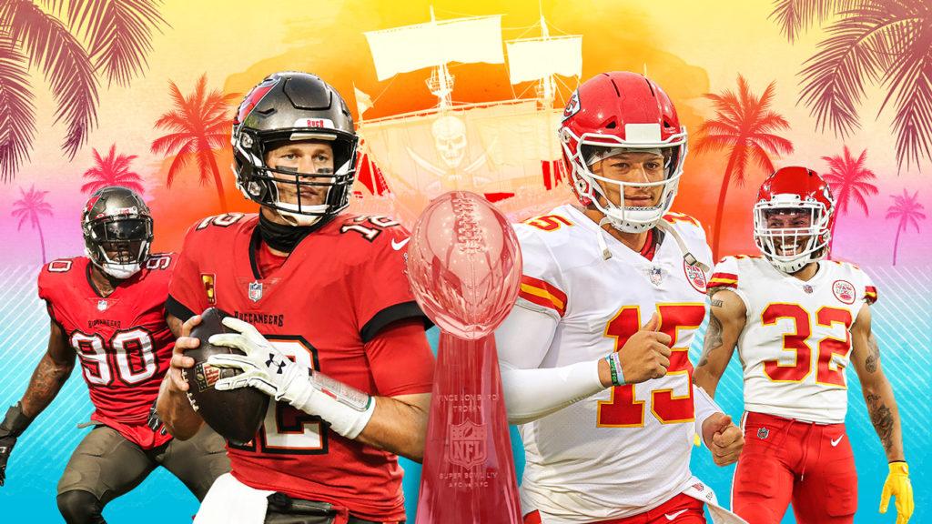 Key+players+from+the+Tampa+Bay+Buccaneers+on+the+left+and+key+players+from+the+Kansas+City+Chiefs+on+the+right+with+a+tropical+cartoon+behind+them+and+the+Super+Bowl+trophy+in+between+the+two+sets+of+NFL+players.