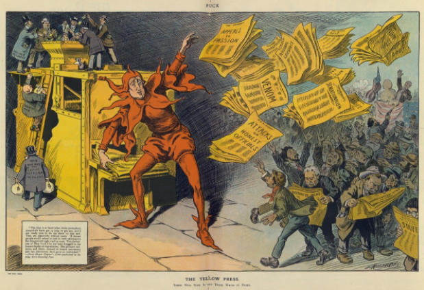 Illustration shows William Randolph Hearst as a jester tossing newspapers