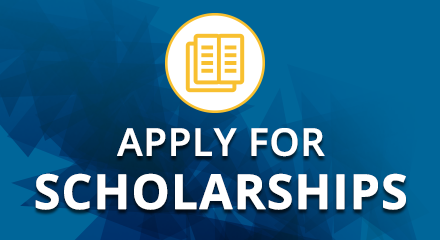 Blue background with a circle and yellow cartoon book on top of the circle and below in bold white letters Apply for Scholarships
