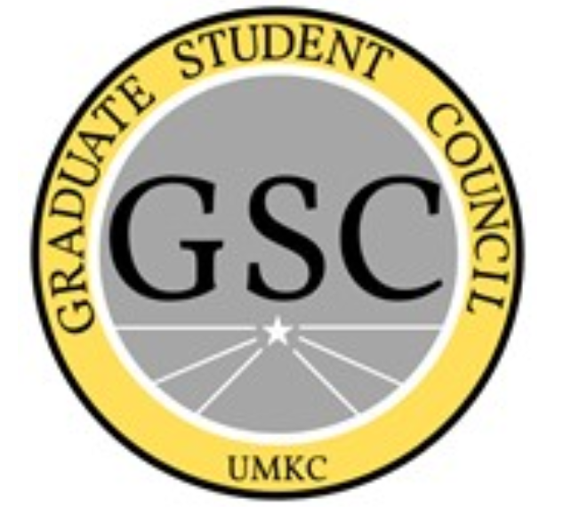 Logo with a large yellow circle surrounding a light grey circle. In the yellow circle it states Graduate Student Council, UMKC and in the grey circle, it states, GSC