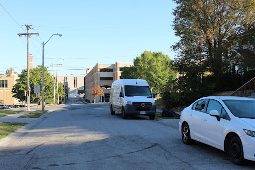 Broken-into car on Charlotte St., just yards away from UMKCs Rockhill parking garage. 
Photo by Ellen Beshuk