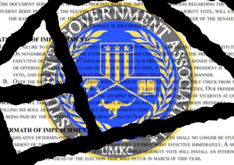 Ripped pieces of document with the UMKC SGA logo centered.