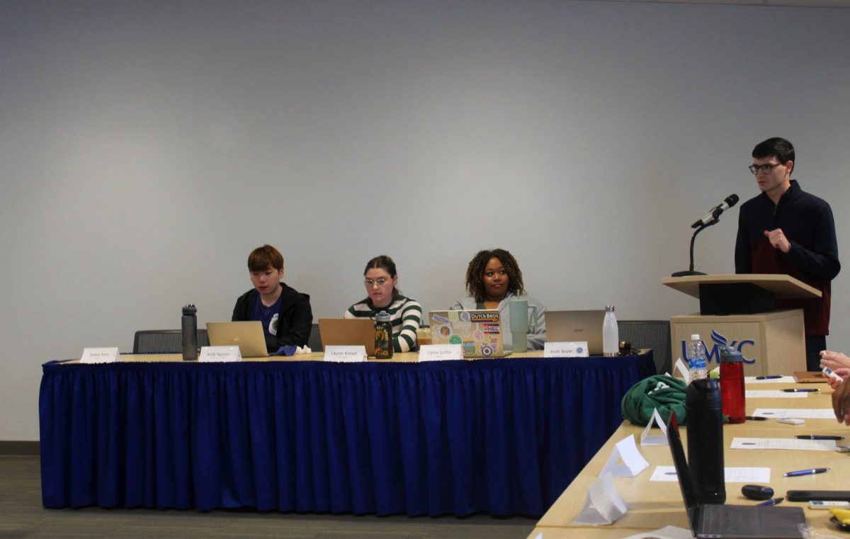 Many Senators were heard by the Executive Board in SGAs second meeting of the meeting of the semester. From left to right, Scott Nguyen Internal Affairs Director, Vice President Lauren Kreisel, President Ophelia Griffen, and Speaker Brett Boyer.