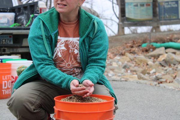 Courtney Masterson, a restoration ecologist and the Executive Director of Native Lands Restoration Collaborative, sits with their hands in a bucket of seed mix.