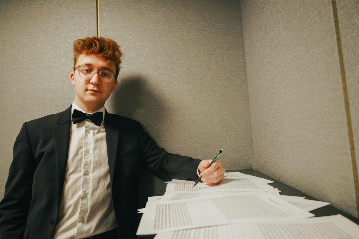 Unseth with his work on a piano. 