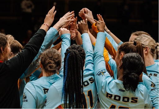 Volleyball players in a huddle. 