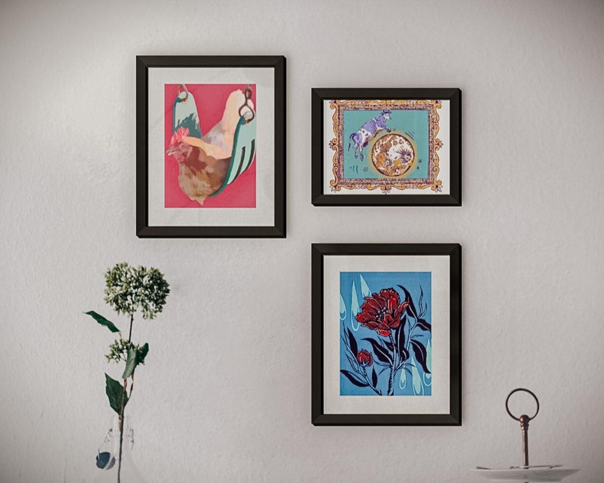 A collection of Hunt’s art. Left to Right: Bird of Flight, Over the Moon and Flowers in the Rain.

