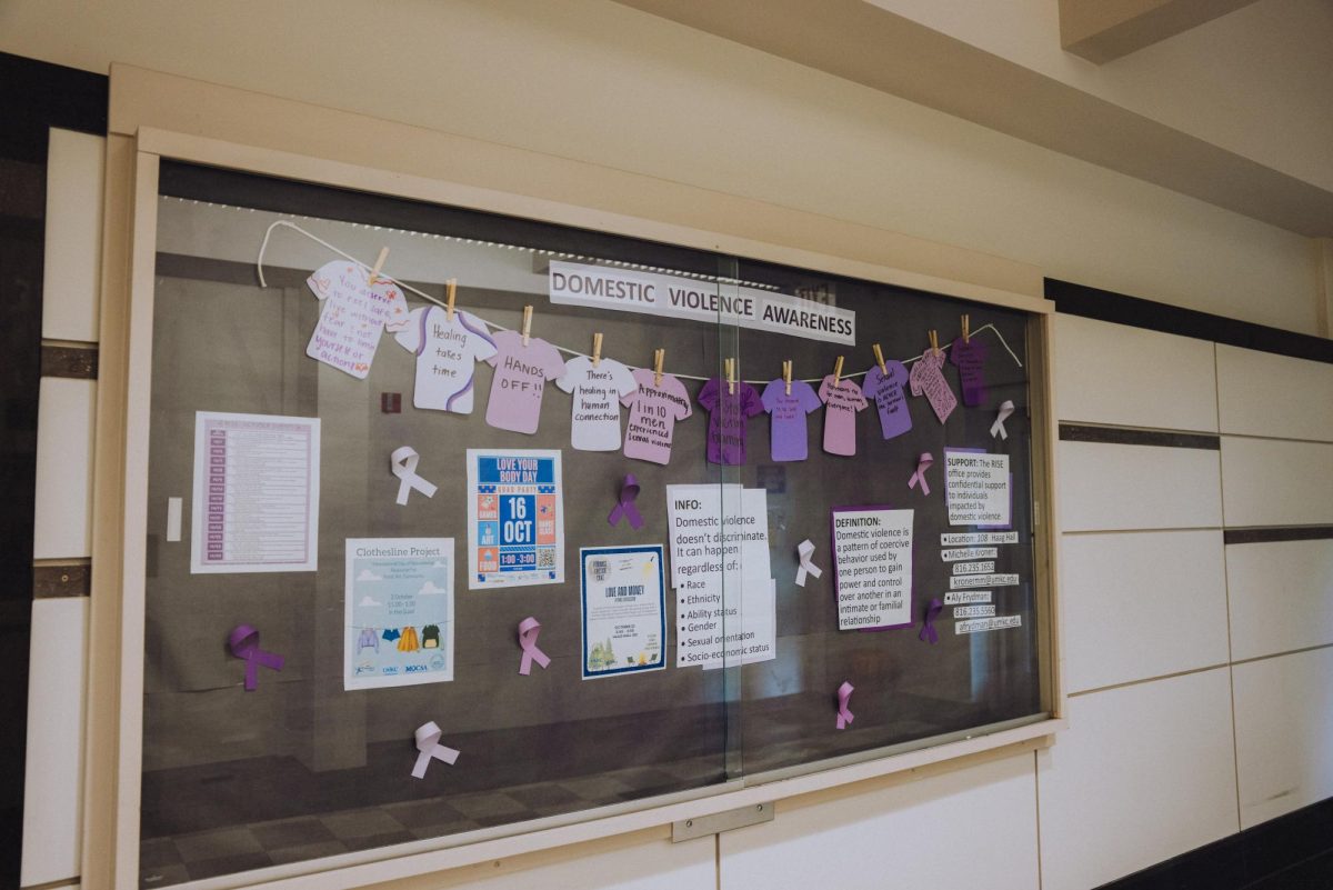 Domestic violence awareness board in HAAG Hall.