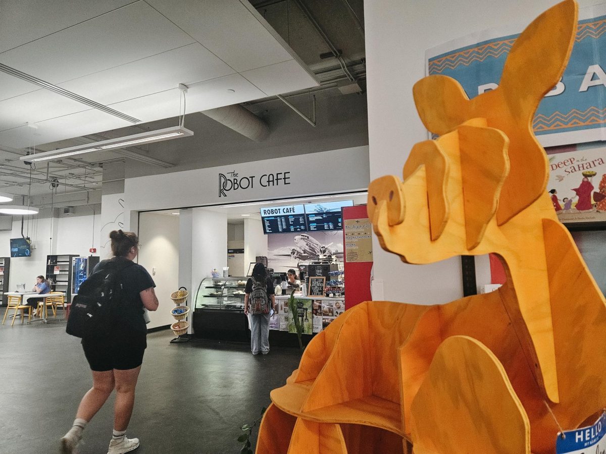 A photo of The Robot Café inside the Miller Nichols Library, where students work on-campus.