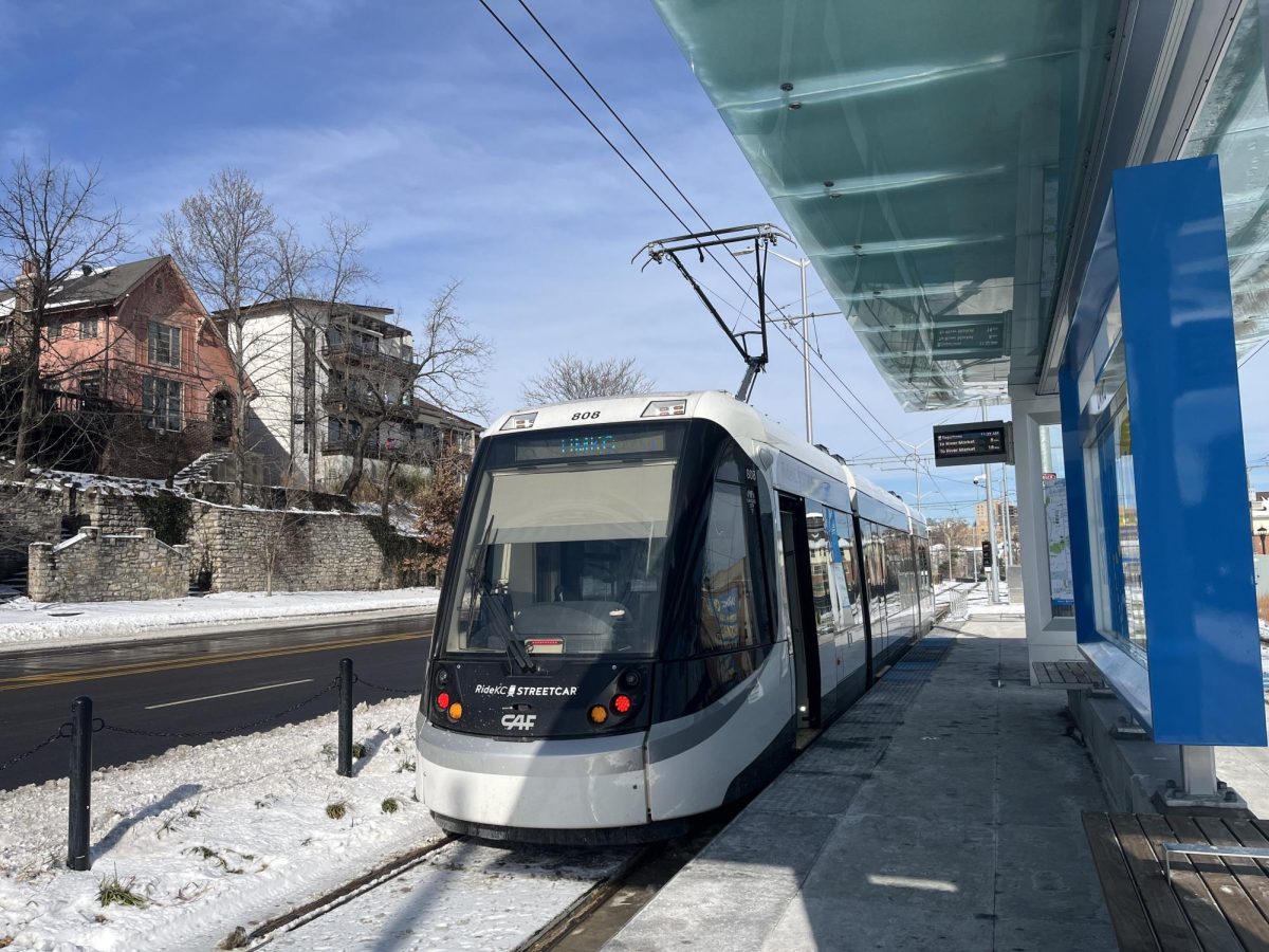 A streetcar that arrived at UMKC's stop. Students were seen exiting and getting on the streetcar, utilizing the Main Street Extension.