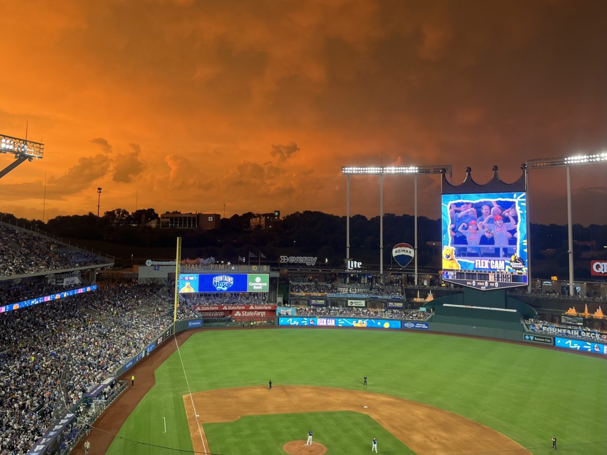 Sunset over July afternoon game inside Kauffman stadium.