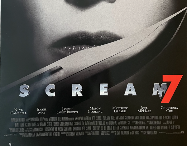 The official movie poster for Scream 7 including the cast.